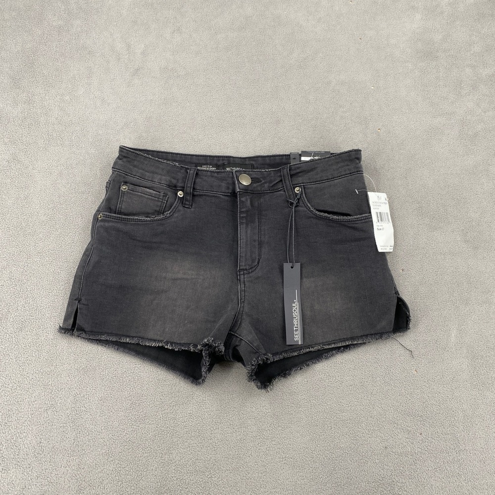 SeeThruSoul Womens High Rise Boyfriend Shorts Frayed Hem Black Denim Size 27 NWT